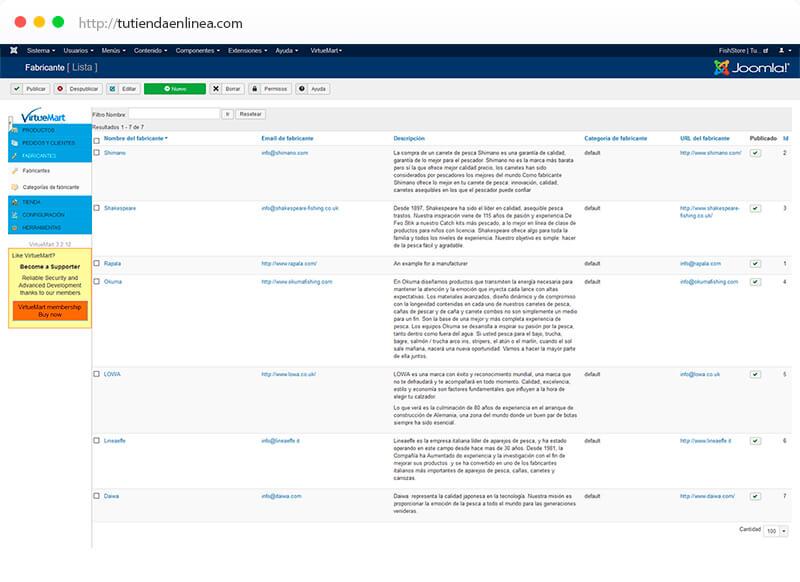 Características del Catálogo de Producto VirtueMart